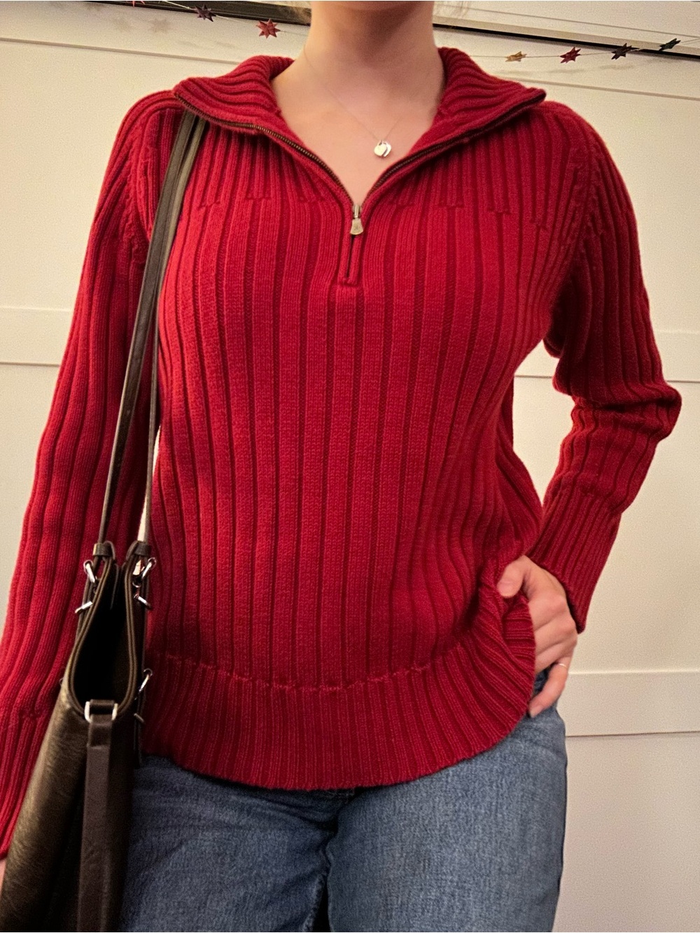 Calvin Klein Red Ribbed Quarter Zip Sweater